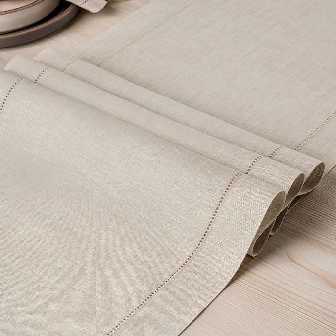 D'Moksha Homes Linen Light Natural Table Runner 36 Inches - 100% Pure Linen Small Table Runner 14 x 36 Inch Ideal for Dresser, Coffee Tables, Winter, Holiday, New Year - Classic Hemstitch