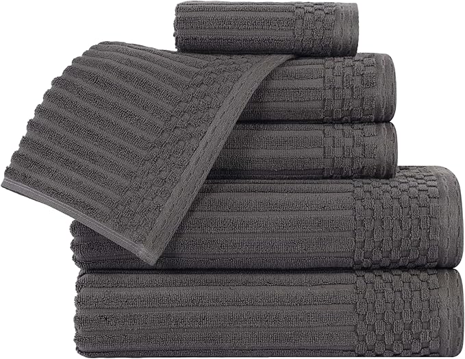 Cotton 6-Piece Solid and Ribbed Towel Set, Face Towels 13” x 13”, Hand Towels 16” x 28”, Bath Towels 27” x 54”, Charcoal by Superior