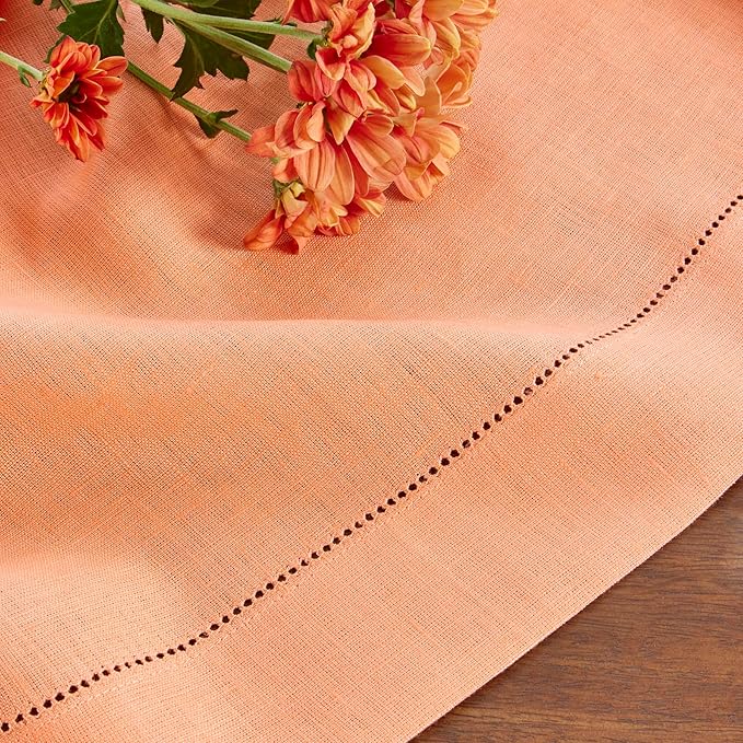 Solino Home Linen Tablecloth 60 x 144 Inch - Classic Hemstitch 100% Pure Linen Coral Table Cloth for Rectangle Tables - Machine Washable Tablecloth