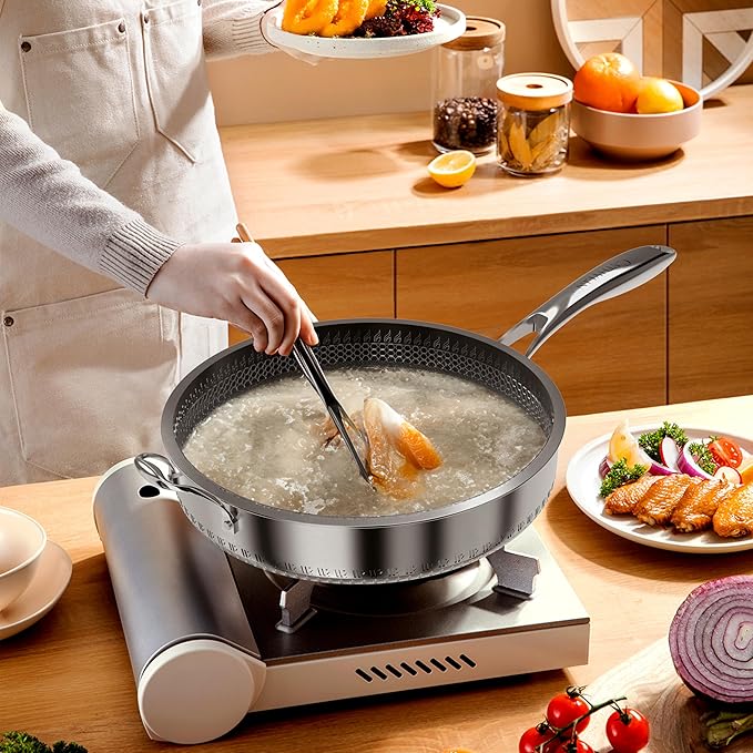 316L Stainless Steel 7QT Frying Pan Hex Nonstick Wok with Lid,Single Handle to Hold, PFOA Free, Dishwasher Oven Safe (7QT/Single Handle)