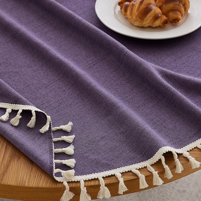 Linen Tablecloth with Tassels, Farmhouse Style Purple Tablecloth, Water Resistant Burlap Tablecloths for Round Table, 52 Inch Round Purple