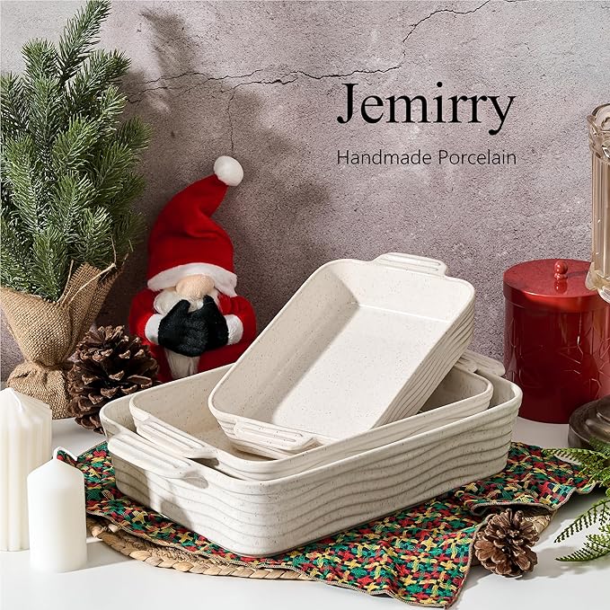 Ceramic Baking Dish Set of 3, Casserole Dishes for Oven, Square Porcelain Bakeware Set with Handles, Lasagna Baking Pan for Cooking, Perfect for Baking and Serving, Housewarming, Halloween, Thanksgiving, Christmas, New Year-Reactive White