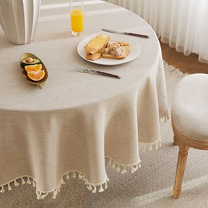 Linen Tablecloth with Tassels, Farmhouse Style Beige Tablecloth, Water Resistant Burlap Tablecloths for Round Table, 60 Inch Round Natural