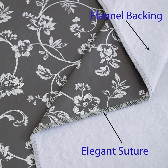 Heavy Duty Vinyl Tablecloth with Flannel Backing Waterproof Oil-Proof Plastic Table Cloth Stain-Resistant Wipeable Rectangle or Square Table Cover for Indoor and Outdoor (Grey Floral,52x70 Inch)