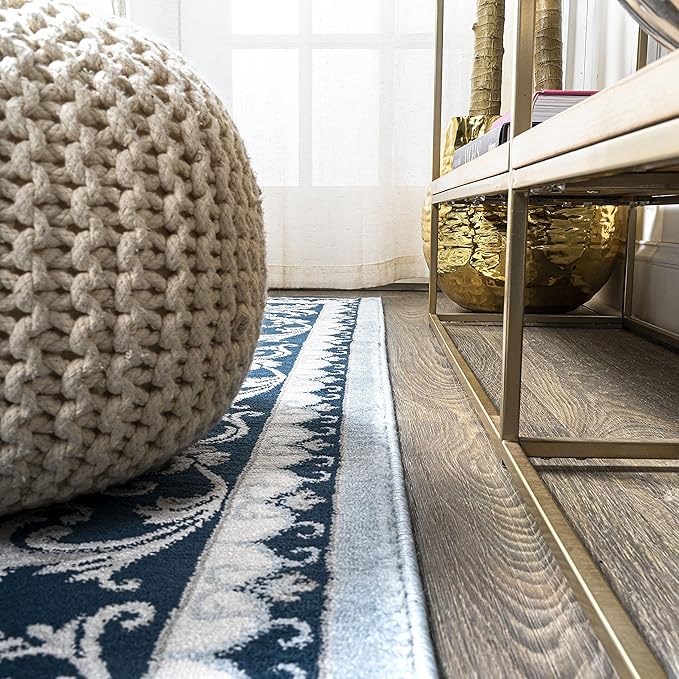 JONATHAN Y Acanthus French Border Blue/Navy Runner Rug, 2x10, Vintage, Bohemian, Easy-Cleaning for Living Room, Bedroom, Kitchen, Pet Friendly, Non-Shedding (MDP504E-210)