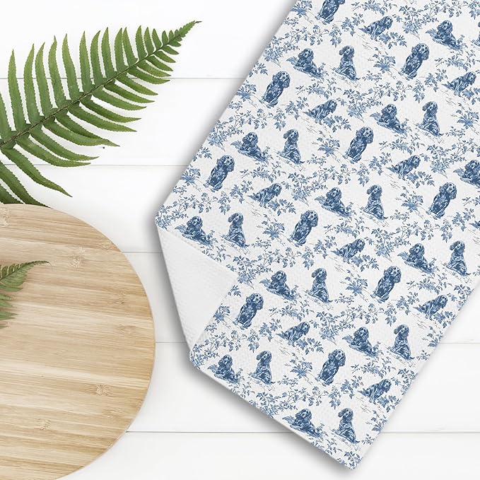 Nipi Chinoiserie Cavalier King Charles Spaniel Kitchen Towels, Grandmillennial Dog Hand Towels for Kitchen Bathroom, Blue and White Floral Cavalier Spaniel Decorative Dish Tea Towels, 16x24 Inch