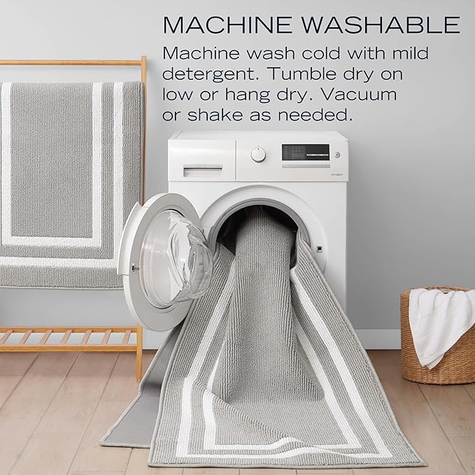 Nautica – Runner Rug | Indoor Runners for Hallways and Entry Rugs| Non-Slip and Non-Skid Entry and Kitchen Door Mat| Machine Washable Entryway Carpet Rugs |26” x 45” |Double Border Light Grey