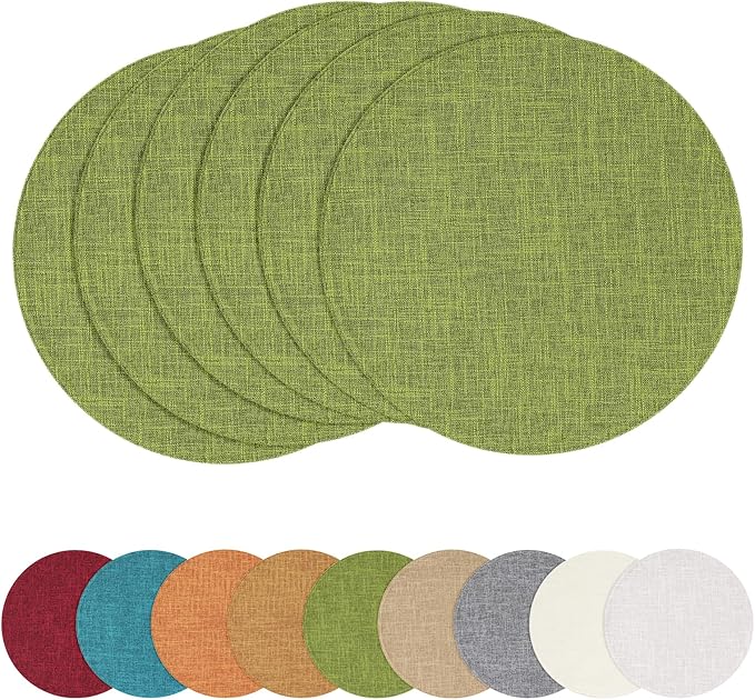 homing 15 Inch Round Cloth Placemats Set of 6, Cotton Linen Blend Washable Table Mats, Farmhouse Dining Place Mats for Indoors & Outdoors, Easy to Clean, Grass Green