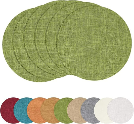 homing 15 Inch Round Cloth Placemats Set of 6, Cotton Linen Blend Washable Table Mats, Farmhouse Dining Place Mats for Indoors & Outdoors, Easy to Clean, Grass Green