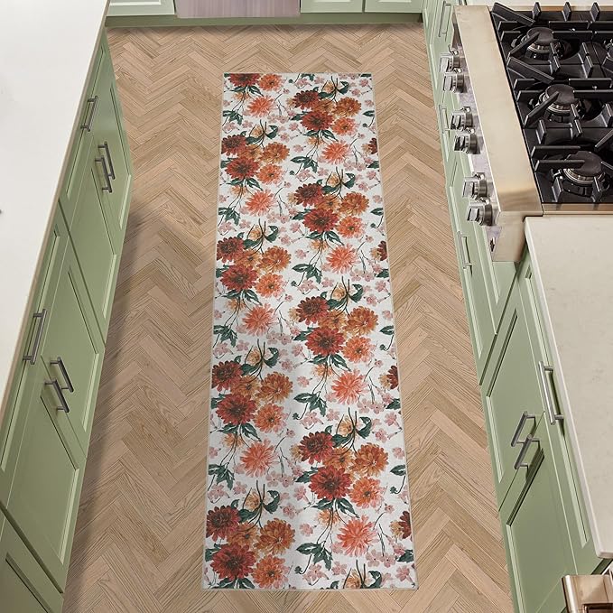Laura Ashley Beige Dahlias Floral Machine Washable & Slip Resistant 26" x 96" Runner Rug