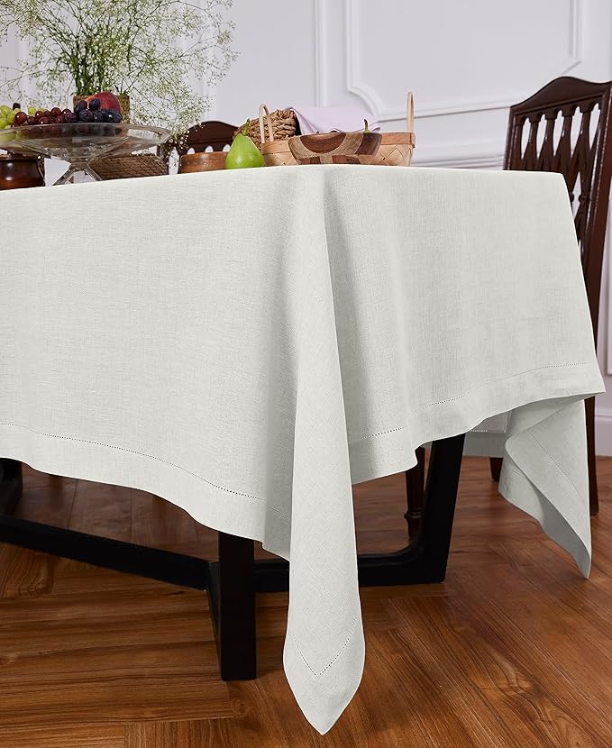 Solino Home Linen Light Flax Tablecloth 70 x 120 Inch - Sonoma Hemstitch, 100% Pure Linen Rectangular Tablecloth - Machine Washable Table Cloth for New Year