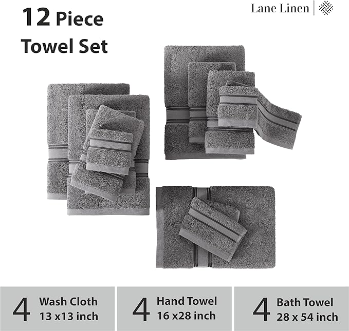LANE LINEN Towel Set of 12 – 100% Mercerized Cotton, Zero Twist, 4 Large Bath Towel, 4 Hand Towels & 4 Wash Cloths, Quick Dry & Long-Lasting, Perfect for Family Bathrooms, Easy Care – Cool Grey