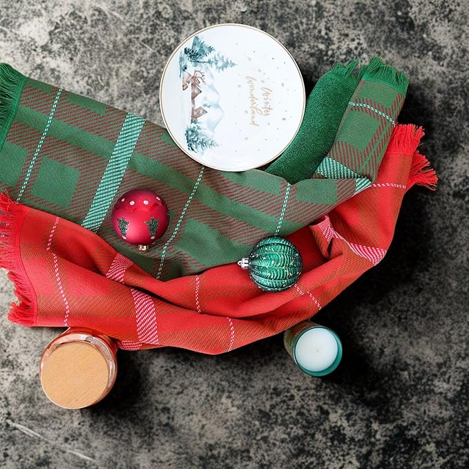 sea me at home Holiday Plaid Hand Towels for Bathroom, Red & Green Check Decorative Towels for Christmas Kitchen & Bathroom, Tea Towels 15 x 34 Inches for Bohemian, Farmhouse Decor (Xmas Plaid)