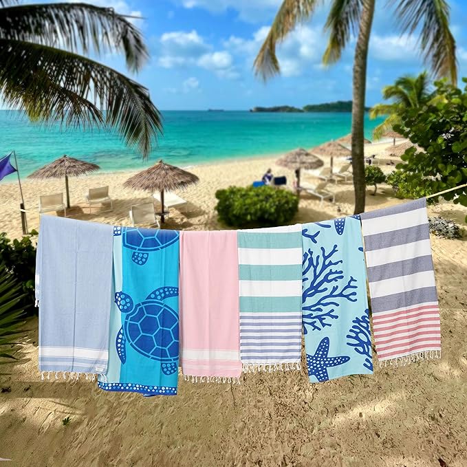 LANE LINEN Turkish Beach Towels Set of 6 – Pre-Washed, Sand-Free, Quick Dry, Lightweight Travel Towels for Women, Soft Bath Beach Towels, 39"x71" – Coastal Bliss