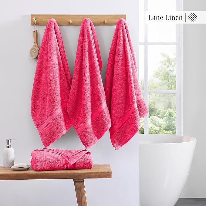 LANE LINEN 100% Cotton Large Bath Towels Set of 4 (28"x54") - Zero Twist, Mercerized Cotton Bathroom Towel 4 Pack - Quick Dry, Soft & Absorbent Large Towels Set - Dorm Essentials for Girls - Fuchsia