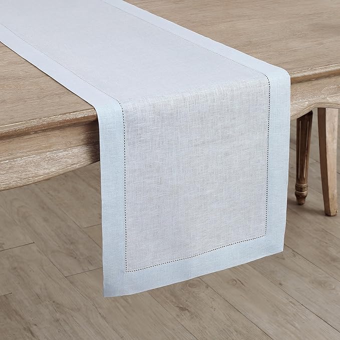 Solino Home Linen Light Blue Table Runner 90 Inches Long - 100% Pure Linen Hemstitch 14 x 90 Inch Table Runner for Dining, Winter, New Year - Classic Hemstitch