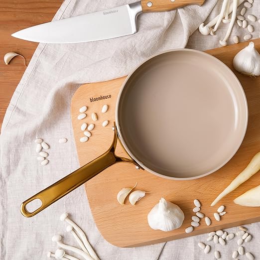 bloomhouse - Two Time Oprah's Favorite Things Winner - 8 Inch Heavy Duty Aluminum Premium PFA Free Ceramic Nonstick Saute/Deep Frying Pan Skillet - Almond Cream w/Gold Handle