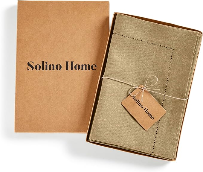Solino Home Linen Napkins Set of 4 - Medium Weight 100% Pure Linen Hemstitch Kelp Dinner Napkins Cloth 20 x 20 Inch - Handcrafted and Machine Washable