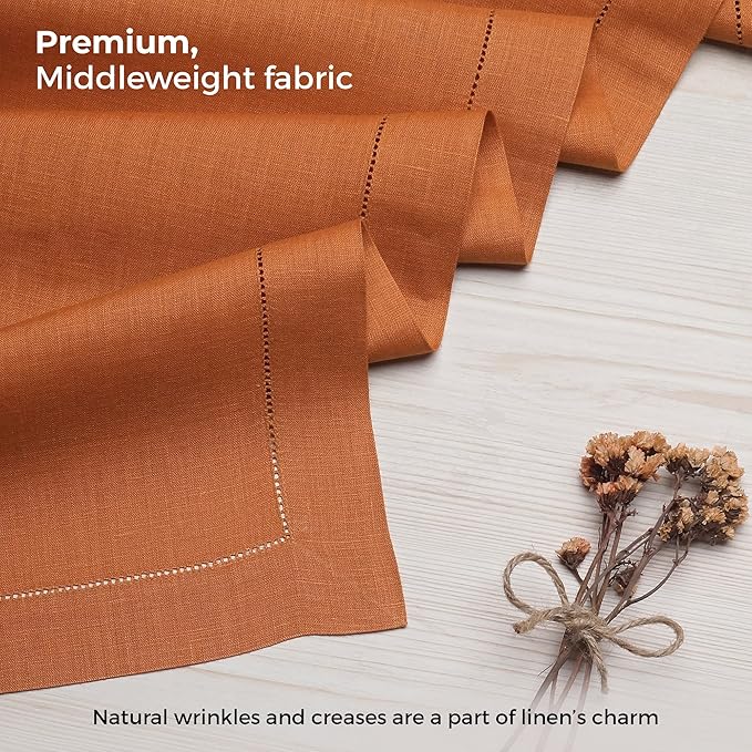 D'Moksha Homes Linen Rust Table Runner 60 Inches - Classic Hemstitch, 100% Pure Linen Coffee Table Runner 14 x 60 Inch Ideal for Dresser Tables - Winter, Holiday, New Year