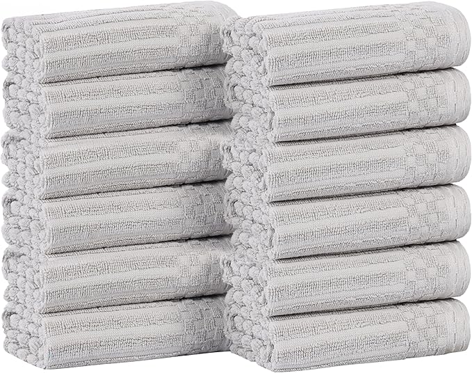 Superior Cotton Face Towel/Washcloth Set of 12, Daily Use for Bathroom, Guest Bath, Quick Dry Small Towels, Face, Hand, Gym, Spa, Hotel, Absorbent, Essentials, Ribbed, Soho Collection, Silver