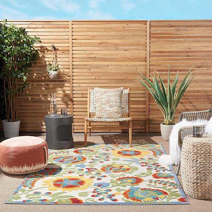 Nourison Home Aloha Ivory Multicolor 6' x 9' Area Rug - Easy Clean, Non Shedding, Bed Room, Living Room, Dining Room, Kitchen (6' x 9')