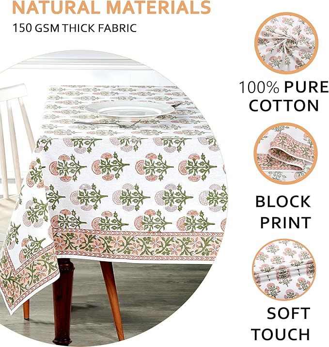 Ridhi Mughal Buta Peach Hand Block Print Cotton Rectangle Tablecloth 90" x 60" inches Reusable Table Cover Decorative Everyday Use for Dining, Farmhouse, Home, Party, Festive, Wedding, Fall