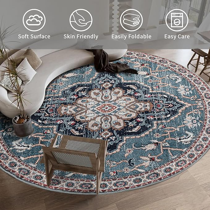 Easy-Going Round Rug 6ft Area Rug Medallion Distressed Washable Circle Rugs for Living Room Non-Slip Bedroom Rug Low Pile Lightweight Vintage Retro Throw Rug for Dining Room Kitchen Office, Teal Brick