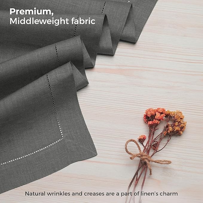 D'Moksha Homes Linen Charcoal Grey Table Runner 108 Inches Long - 100% Pure Linen 14 x 108 Inch Table Runner for Winter, Holiday, New Year - Classic Hemstitch