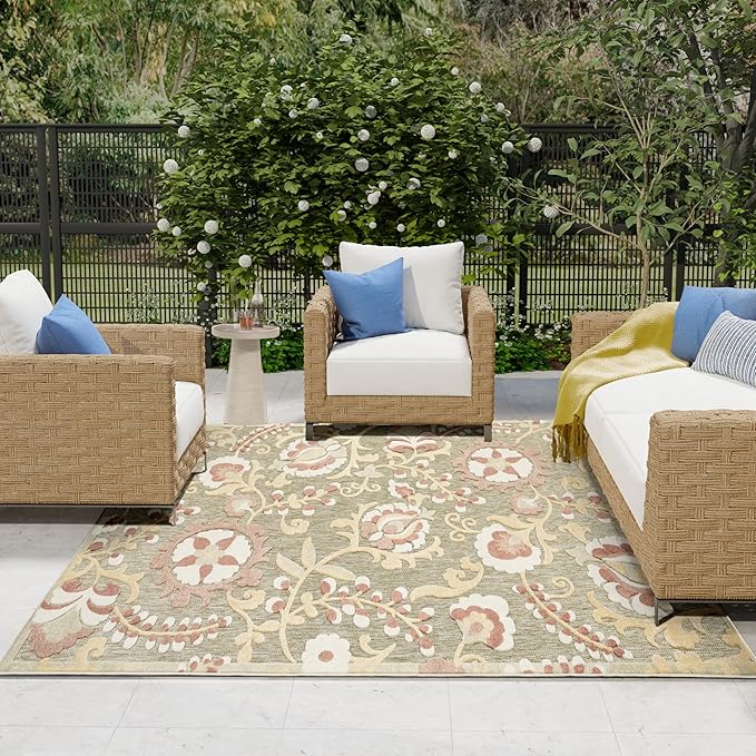 Nourison Home Aloha Sage Rose 7'10" x 10'6" Area Rug - Easy Clean, Non Shedding, Bed Room, Living Room, Dining Room, Kitchen (8' x 11')