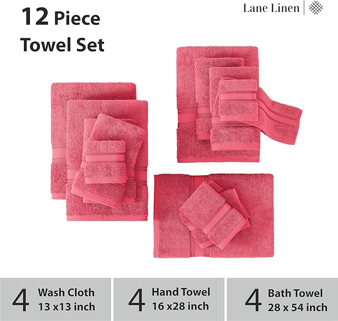 LANE LINEN 100% Cotton Bath Towel Set of 12 – 4 Bath, 4 Hand Towel & 4 Washcloths, Zero Twist, Absorbent Softness for Daily Use, Perfect for Airbnb, Spa & Hotel, Machine Washable – Honeysuckle