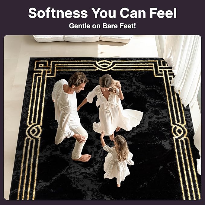 Well Woven Lezlee Abstract Modern 2'7" x 9'10" Runner - Black Gold Marble Border Elegant & Soft Rug - Perfect for Hallway, Entryway, Kitchen