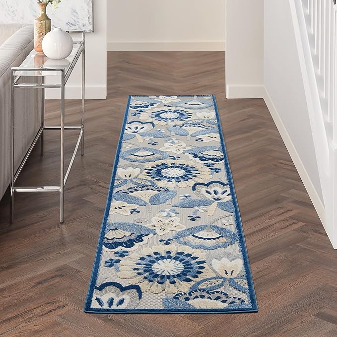 Nourison Aloha Indoor/Outdoor Blue/Grey 2'3" x 12' Area -rug, Easy -cleaning, Non Shedding, Bed Room, Living Room, Dining Room, Backyard, Deck, Patio (2x12)