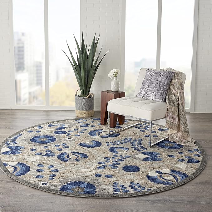 Nourison Home Aloha Natural Blue 7'10" x Round Area Rug - Easy Clean, Non Shedding, Bed Room, Living Room, Dining Room, Kitchen (8' x Round)