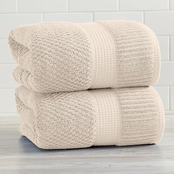 NY Loft 100% Cotton 2 Pack Bath Sheet Towel Set | Super Soft & Absorbent Quick-Dry Oversize Bath Towels |Textured and Durable Cotton | Sand