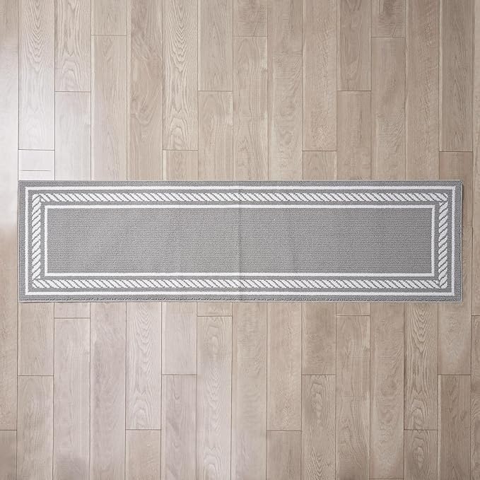 Nautica – Runner Rug | Indoor Runners for Hallways and Entry Rugs| Non-Slip and Non-Skid Entry and Kitchen Door Mat| Machine Washable Entryway Carpet Rugs | 2'2" x 8'| Rope Border Light Grey