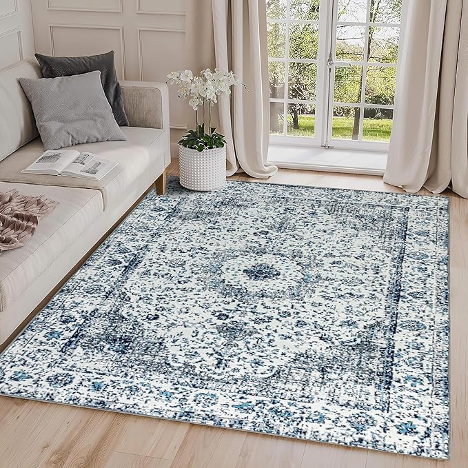Easy-Going Large Area Rug 8x10 Washable Boho Rugs for Living Room Non-Slip Bedroom Rug Low Pile Lightweight Floral Print Vintage Throw Rug for Dining Room Kitchen Home Office Carpet, Blue Cream
