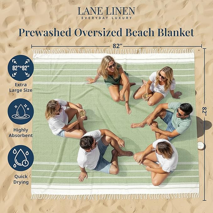 LANE LINEN Beach Blanket Sandproof – Lightweight Oversized Picnic Mat with Quick-Dry Comfort & Diamond Weave Design 82"x82", Beach Accessories Must-Haves, Park Outings, Coastal Getaways – JadeLime