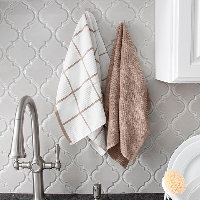 T-fal Solid & Checked Parquet Kitchen Towels: Highly Absorbent, Super Soft Long Lasting - 100% Cotton, 16"x26" Dish Towels for Cleaning & Drying Dishes, Pans, Glassware, or Countertops, (2-Pack), Sand