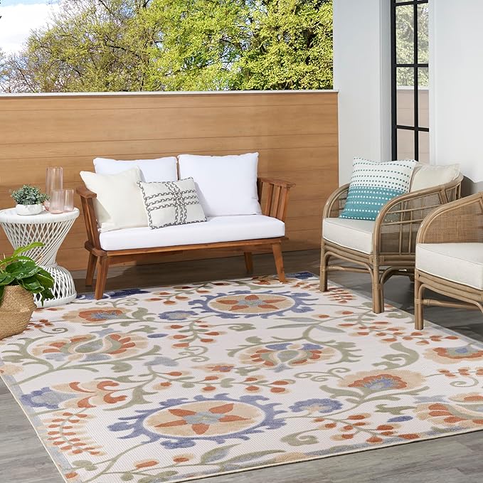 Nourison Home Aloha Ivory Blue 9' x 12' Area Rug - Easy Clean, Non Shedding, Bed Room, Living Room, Dining Room, Kitchen (9' x 12')