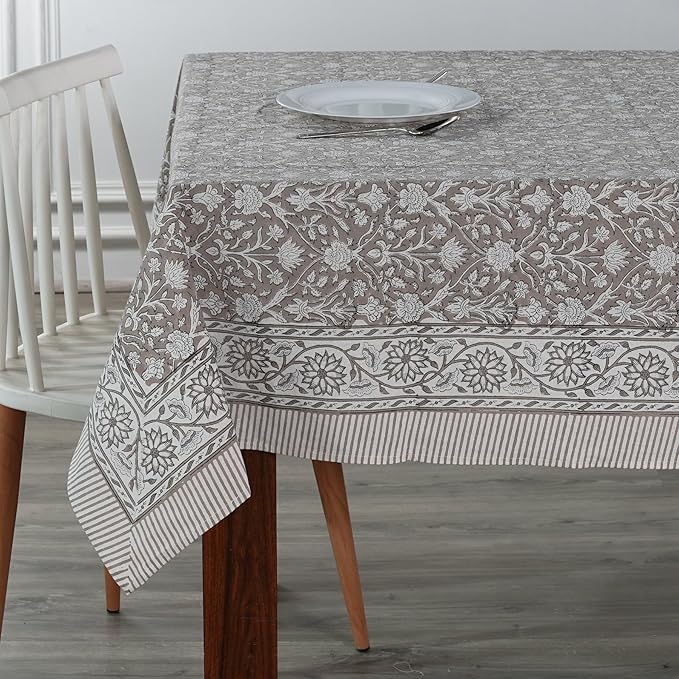 Ridhi Taupe 60x60 Inches Square Indian Hand Block Floral Printed Pure Cotton Cloth Tablecloth, Farmhouse Outdoor Wedding Restaurant Party Home Spring Fall