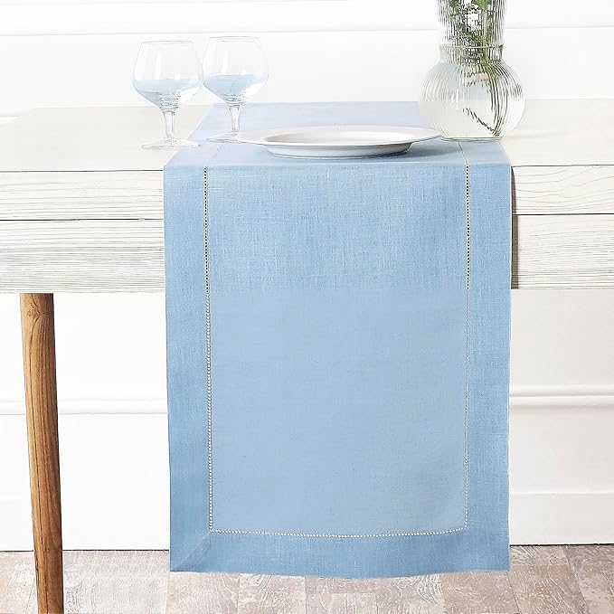D'Moksha Homes Linen Powder Blue Table Runner 108 Inches Long - 100% Pure Linen 14 x 108 Inch Table Runner for Winter, Holiday, New Year - Classic Hemstitch