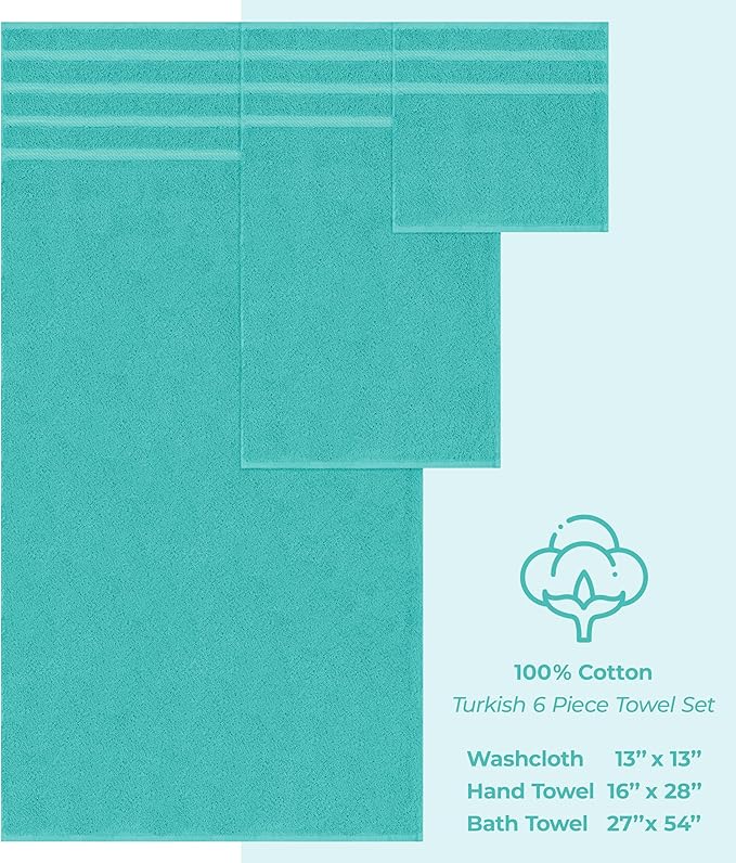 American Soft Linen Luxury 6 Piece Towel Set, 2 Bath Towels 2 Hand Towel 2 Washcloths, 600 GSM 100% Cotton Turkish Towels for Bathroom, Turquoise Blue Towel Sets