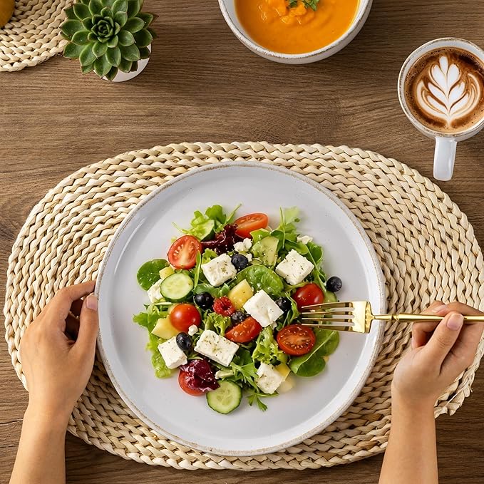 AmorArc Ceramic Dinnerware Sets with Pasta Bowls for 4, Handpainted Plates and Bowls Set with Rustic Terracotta Underside, Scratch Resistant Dishes Set, Dishwasher & Microwave Safe, 16 Pcs-White