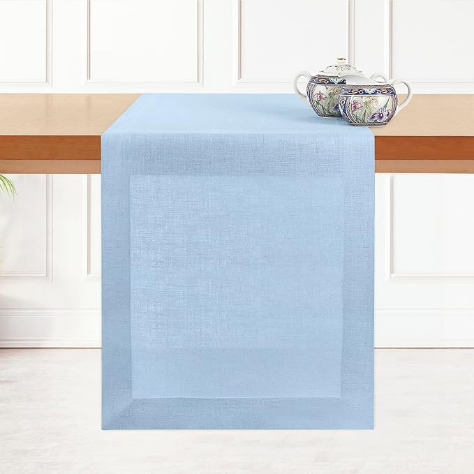 D'Moksha Homes Linen Table Runner 14 x 48 Inch - 100% Pure Linen Powder Blue Table Runner - Machine Washable Farmhouse Table Runner for Hanukkah, Holiday Decor