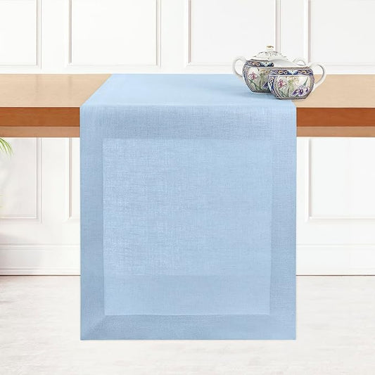 D'Moksha Homes Linen Table Runner 14 x 48 Inch - 100% Pure Linen Powder Blue Table Runner - Machine Washable Farmhouse Table Runner for Hanukkah, Holiday Decor