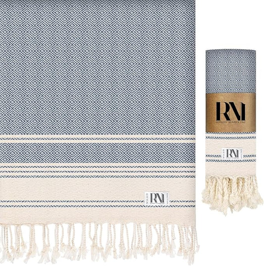 Refinery No. 1 Ottoman Diamond Weave Turkish Peshtemal Beach Bath Gym Yoga Towel 36” x 71”-Indigo