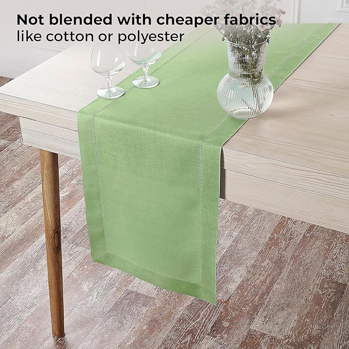 D'Moksha Homes Linen Sage Green Table Runner 144 Inches Long - 100% Pure Linen Extra Long Table Runner 14 x 144 Inch for Winter, Holiday, New Year - Classic Hemstitch