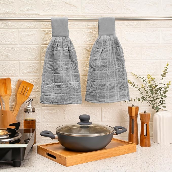 Blue Needles Hanging Kitchen Towels - Grey 100% Cotton Solid Kitchen Tie Towel, Set of 2 Hand Dish Cloth with Hanging Loops 9 x 17 Inches, Absorbent, Super Soft, and Fast Drying Home Essential
