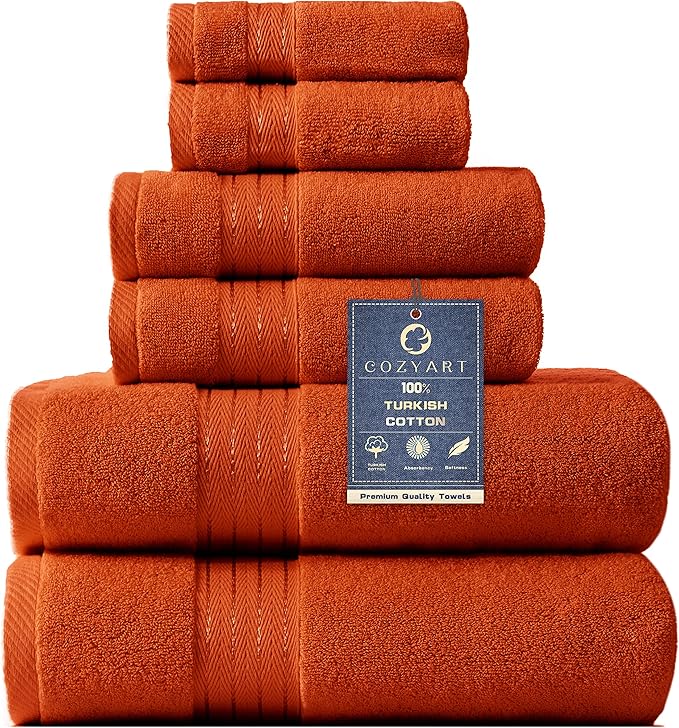 COZYART Burnt Orange Bath Towel Set for Bathroom Turkish Cotton Thick Soft Absorbent Durable 650 GSM Towel Sets of 6, 2 Large Bath Towels, 2 Hand Towels, 2 Washclothes