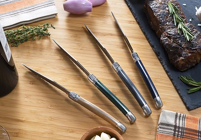 French Home Laguiole 4-Piece Steak Knife Set – Sophisticated Stainless Steel Dinner Knives with Earth Toned Handles & Iconic Bee Emblem – Serrated Knives for Smooth Cutting (9.25")